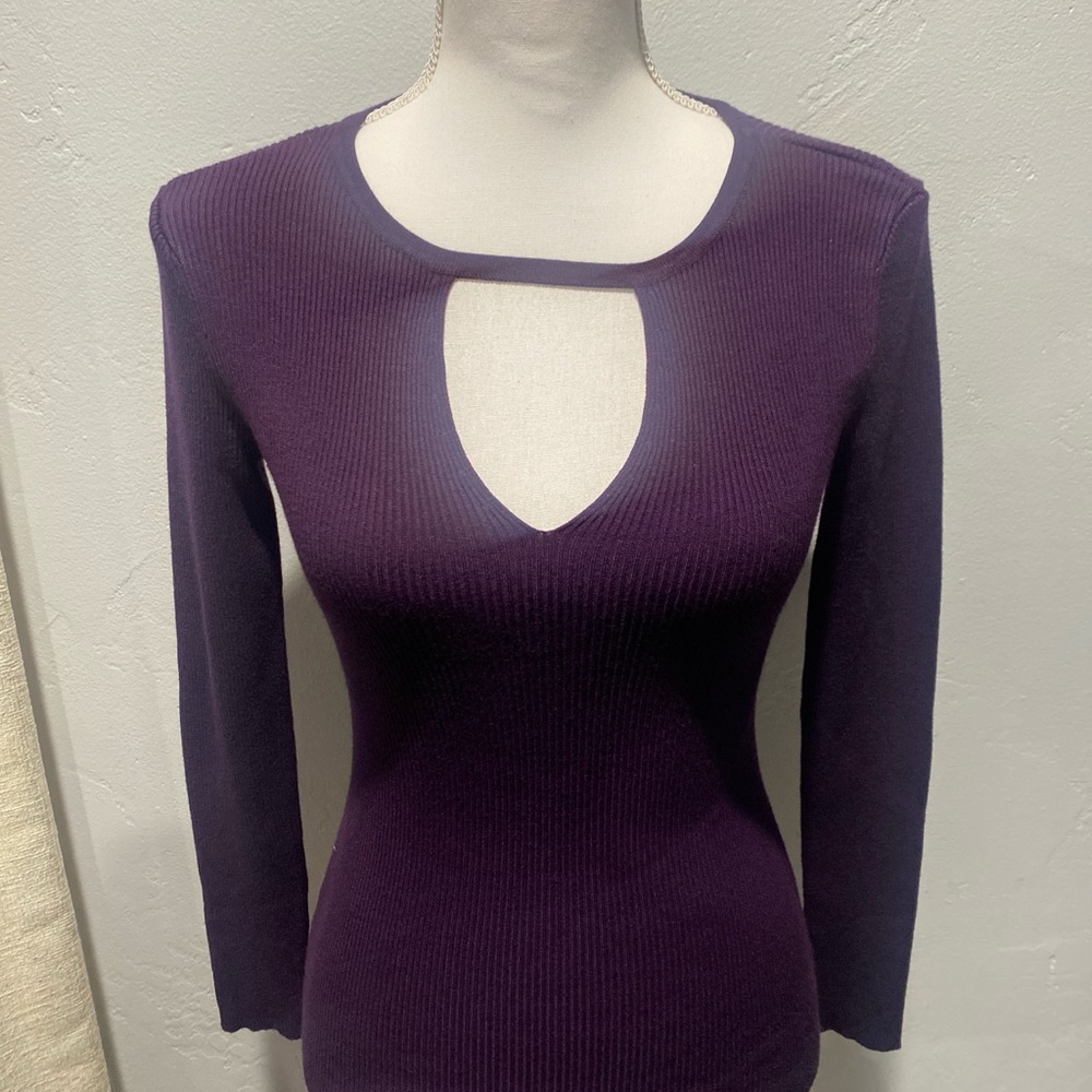 Purple Ribbed Knit Top with Cutout